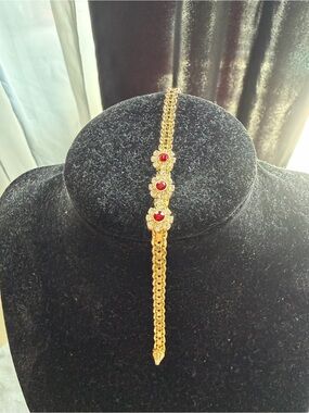 Gold-Tone Women's Bracelet with Red Gem Accents